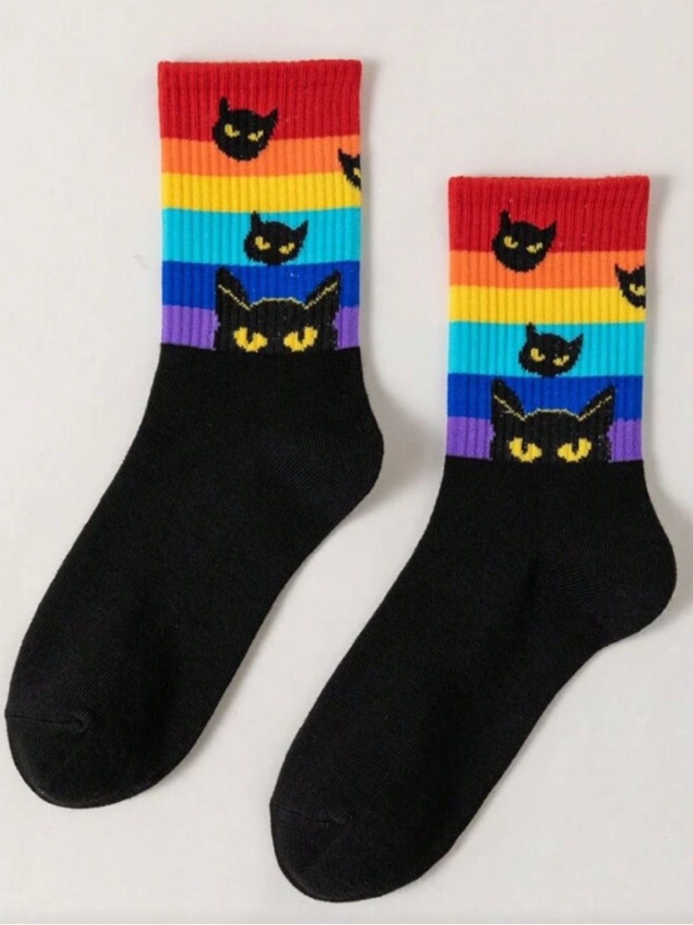 Black Crew Socks with Rainbow Striped Cat Motif